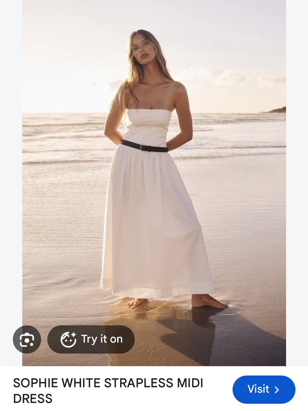 DISSH White Strapless Midi Dress with Black Belt